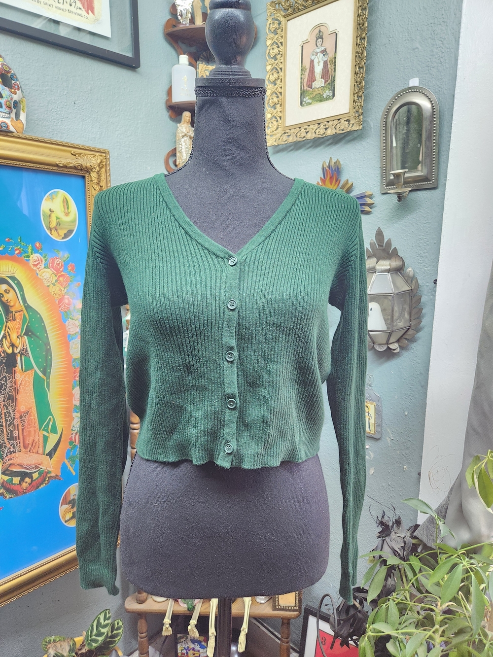 Brandy Melville Dark Green Ribbed V-Neck Button-Up Cardigan